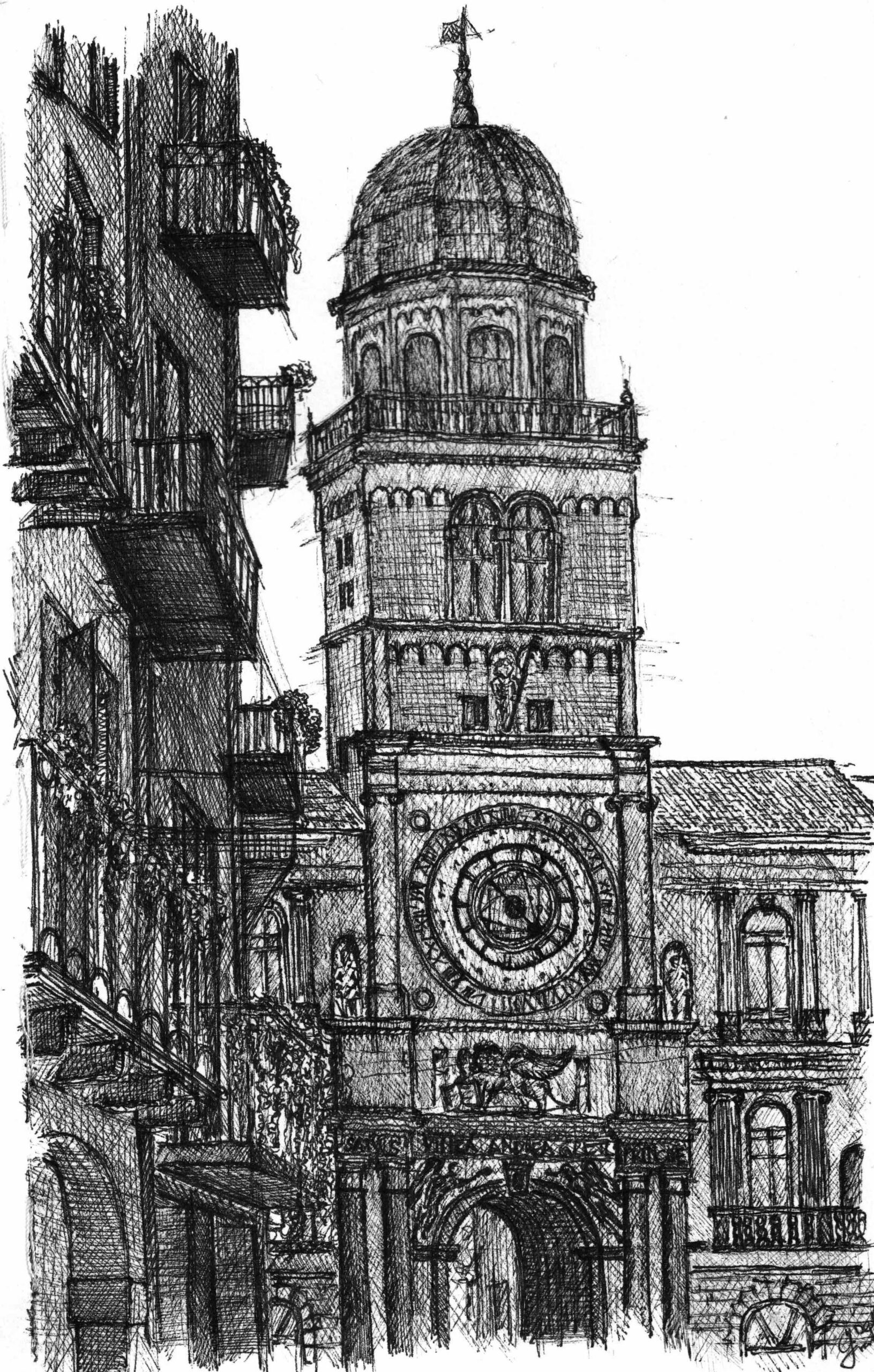 Zeichnung der astronomischen Uhr an einem historischen Turm an der Piazza die Signori in Padova, Italien und Fassaden mit Balkonen