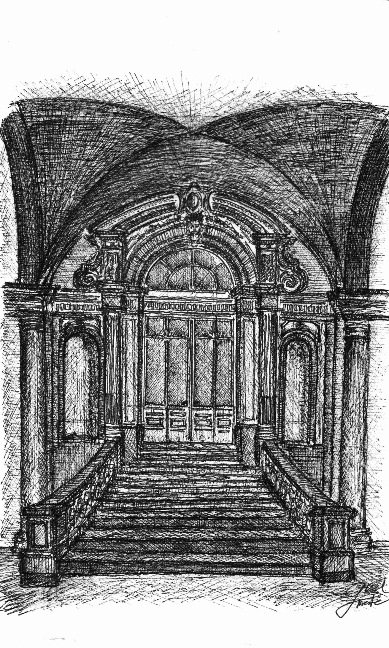 Skizze/Zeichnung eines Eingangsportals im Palazzo Carignano in Turin mit Treppe und Kreuzgewölbe
