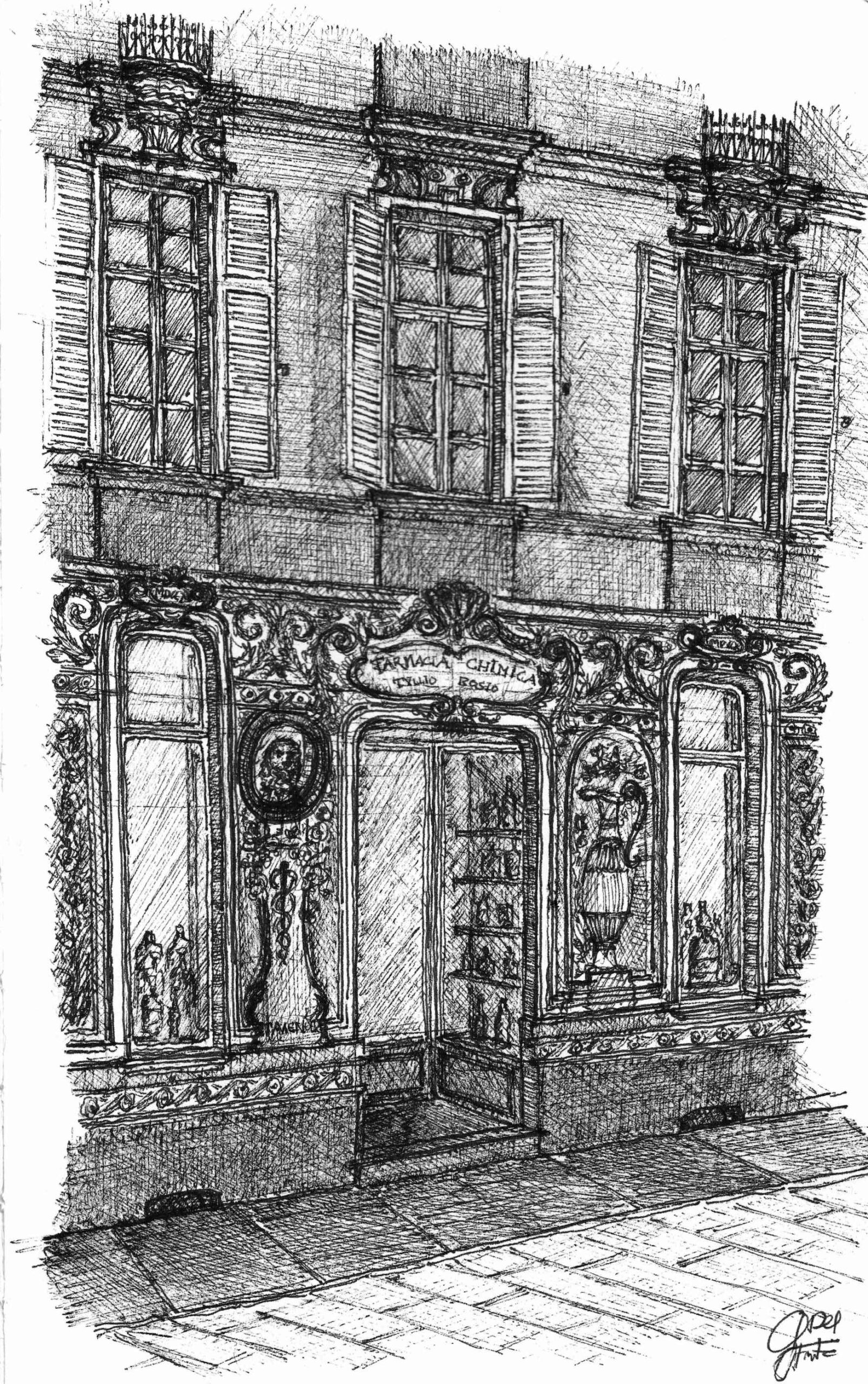 Zeichnung der historischen Apotheke Farmacia Chimica Tullio Bosio in Turin.