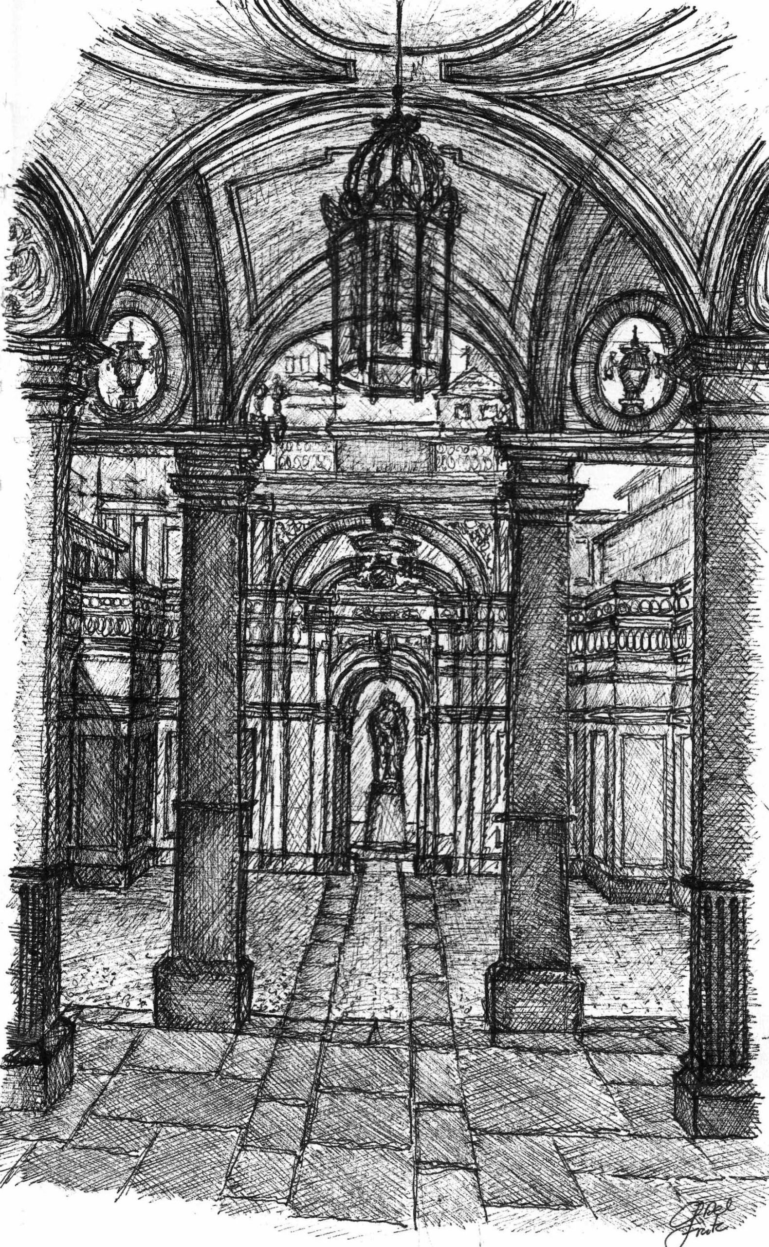 Skizze/Zeichnung des Innenhof des Palazzo Birago di Borgaro in Turin mit Kreuzgewölbe