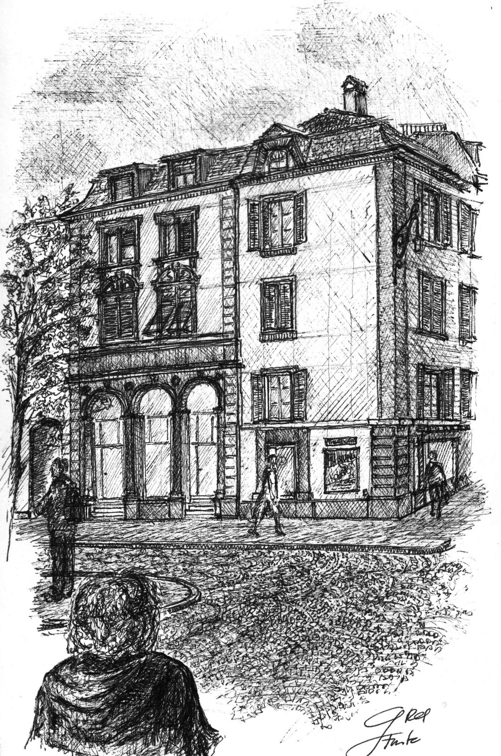 Skizze von Fassaden in der barocken Solothurn Altstadt am Klosterplatz und Theatergasse
