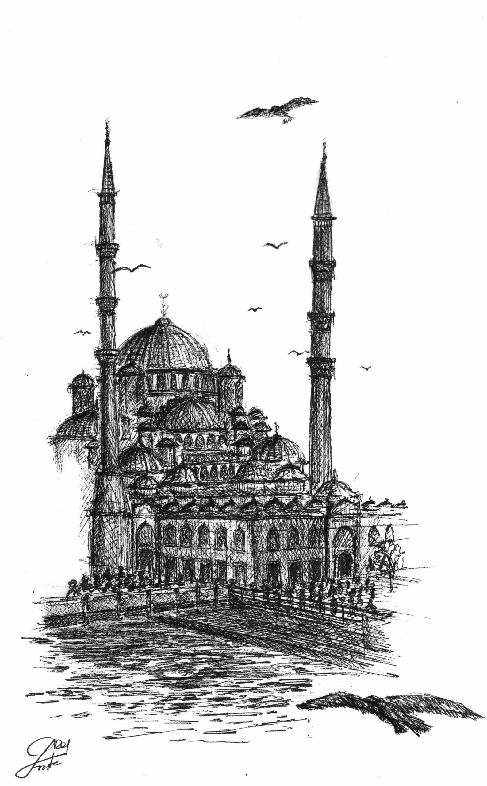 Skizze der Neuen Moschee, Yeni Camii, in Istanbul, Türkei mit Möwen