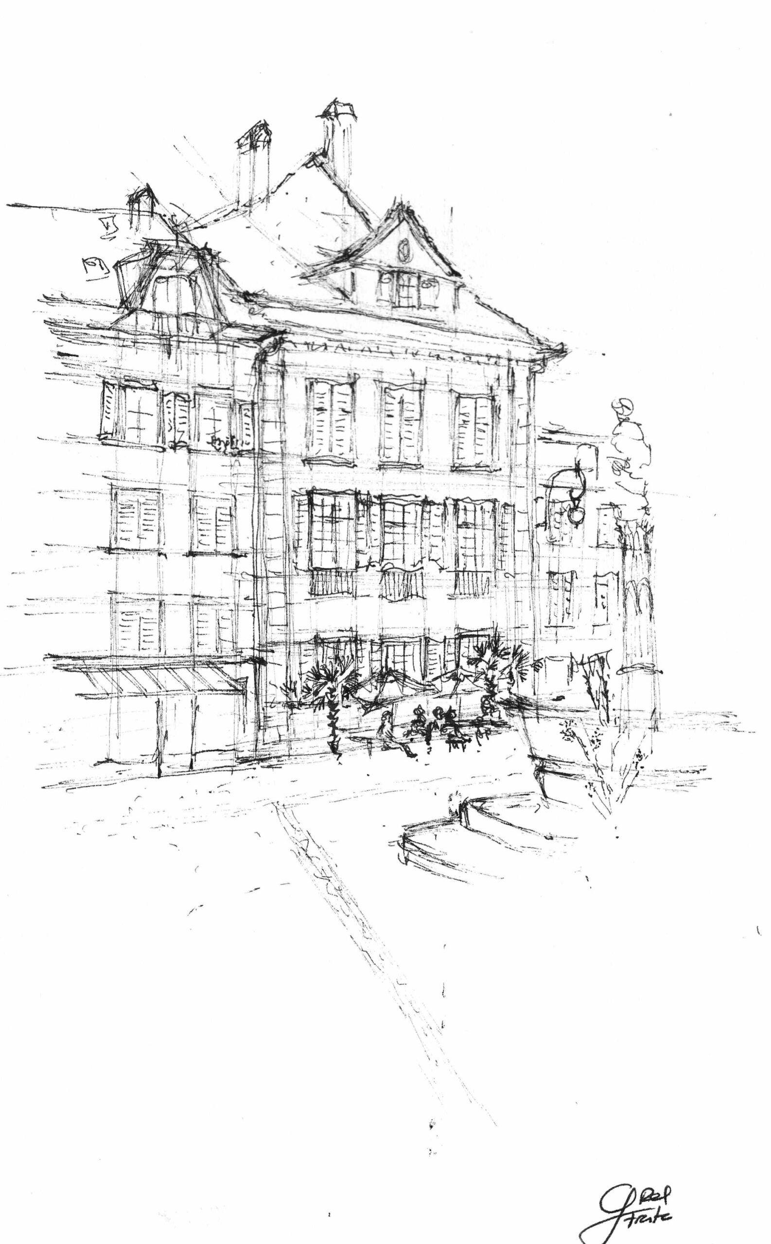 Skizze historischer Fassaden in der Solothurner Altstadt beim Friedhofplatz.